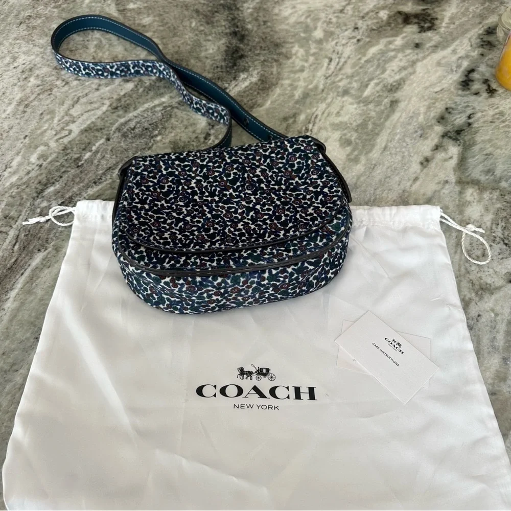 Coach Saddle 23 Blue and Pink floral calf hair crossbody Bag Rare NWT
